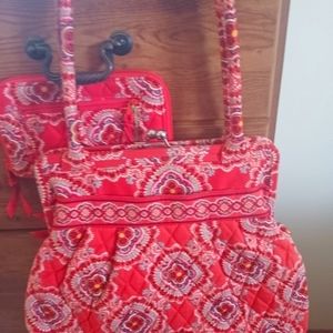 Vera Bradley Alice Kisslock Red and Pink Patterned Hand Bag With Wallet